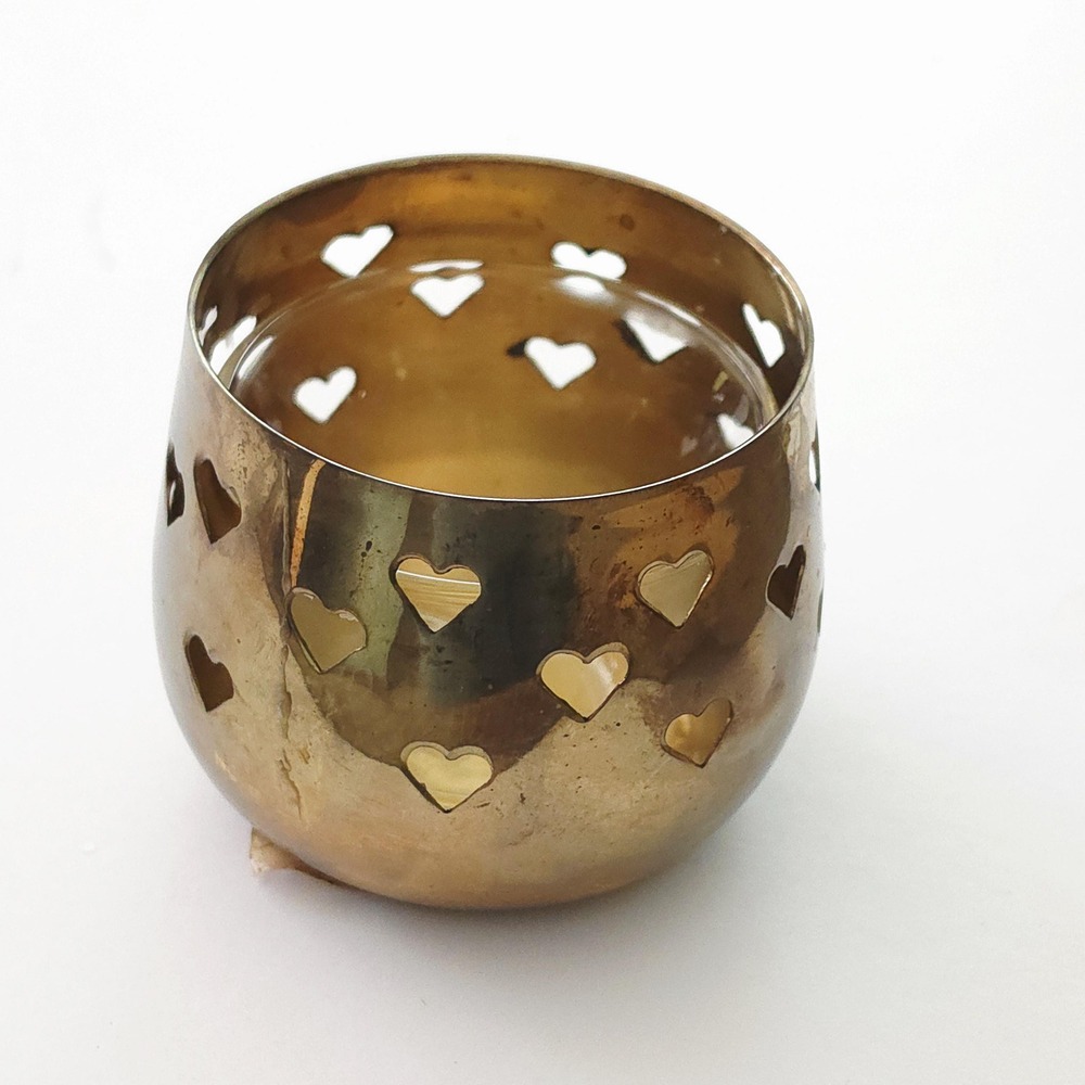 Vintage Brass Heart Cutout Votive Cup with Glass Insert
